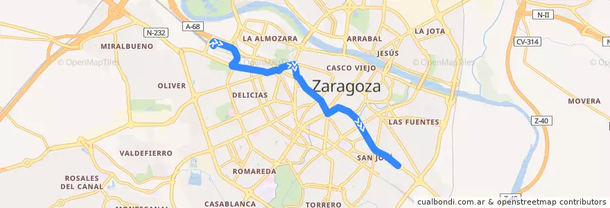 Mapa del recorrido Bus 51: Estación Delicias => Príncipe Felipe de la línea  en サラゴサ.