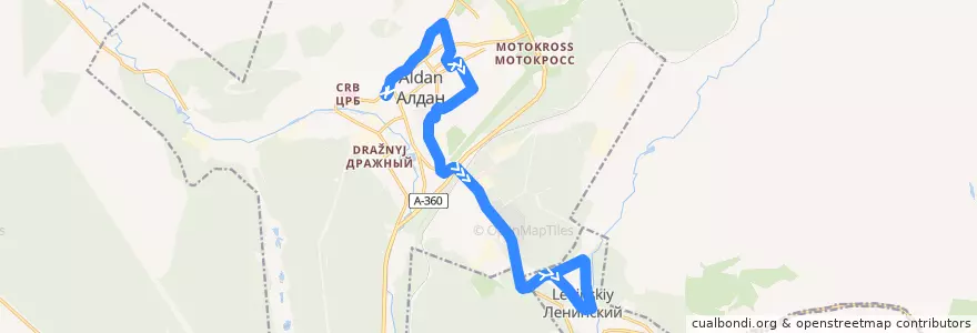 Mapa del recorrido Алдан-Ленинский de la línea  en Алданский улус.
