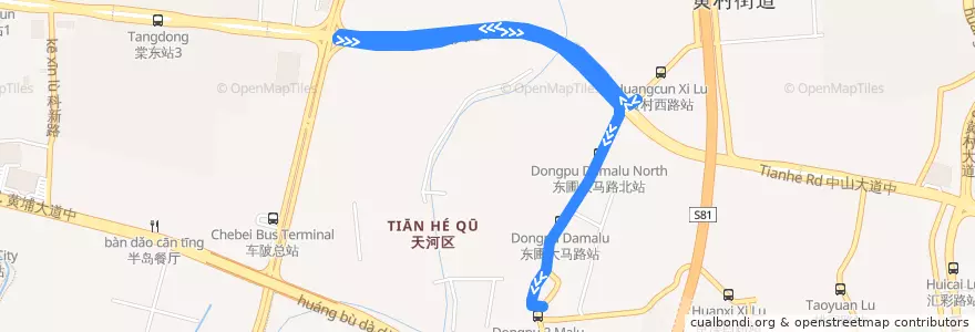 Mapa del recorrido 404路(黄村北总站-地铁东圃站总站) de la línea  en 车陂街道.