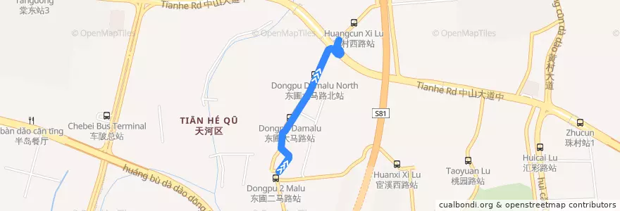 Mapa del recorrido 404路(地铁东圃站总站-黄村北总站) de la línea  en 天河区.