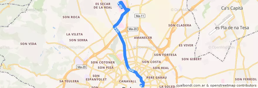 Mapa del recorrido Bus 33: Porta de Sant Antoni → Son Espases de la línea  en Palma.