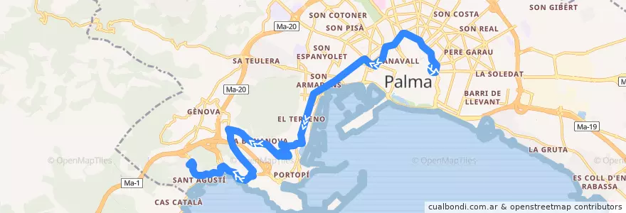 Mapa del recorrido Bus 46: Sindicat → El Terreno → Gènova de la línea  en Palma.
