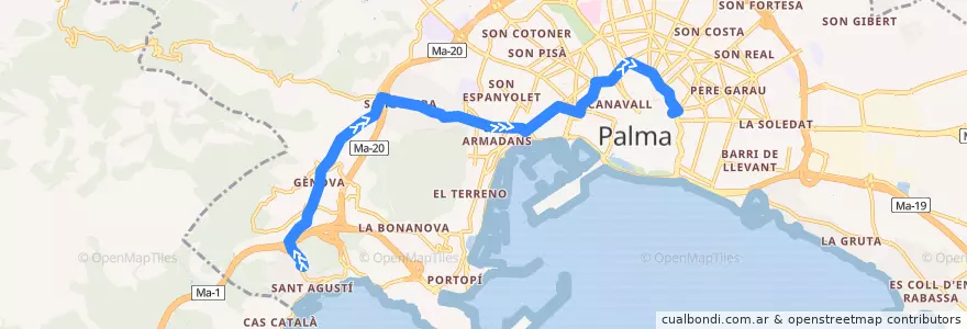 Mapa del recorrido Bus 46: Gènova → Son Dureta → Sindicat de la línea  en Palma.