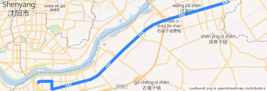 Mapa del recorrido 沈阳有轨电车5号线（沈抚新城-奥体中心） de la línea  en 浑南区.