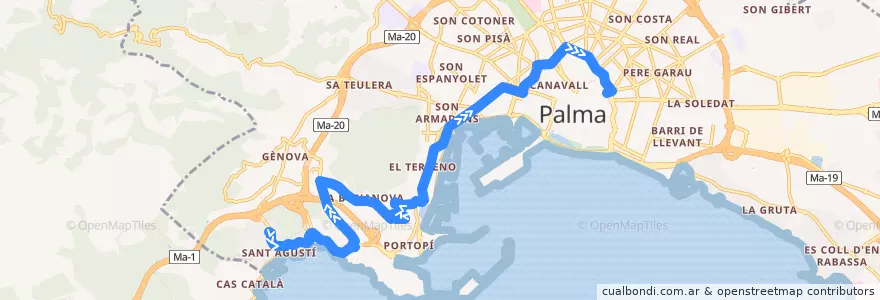 Mapa del recorrido Bus 46: Gènova → El Terreno → Sindicat de la línea  en Palma.