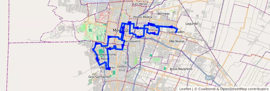 Mapa del recorrido 71 - Guaymallén - Godoy Cruz por O'Brien - Casa de Gob. de la línea G05 en Mendoza.