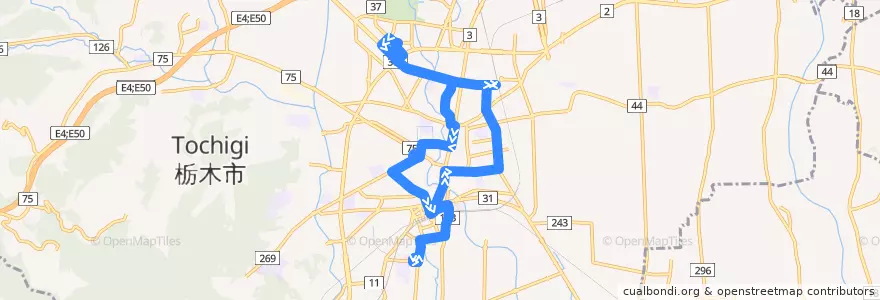 Mapa del recorrido 栃木市ふれあいバス市街地循環線東回り de la línea  en Tochigi.