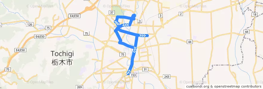 Mapa del recorrido 栃木市ふれあいバス市街地北部循環線東回り de la línea  en 栃木市.