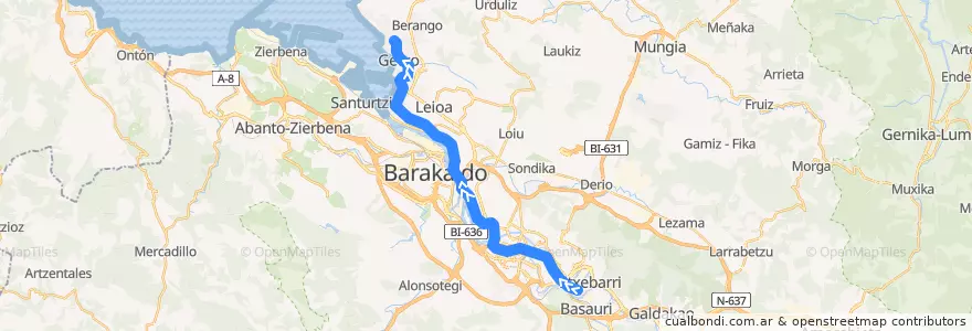 Mapa del recorrido L1 Etxebarri → Bidezabal de la línea  en Bilboaldea.