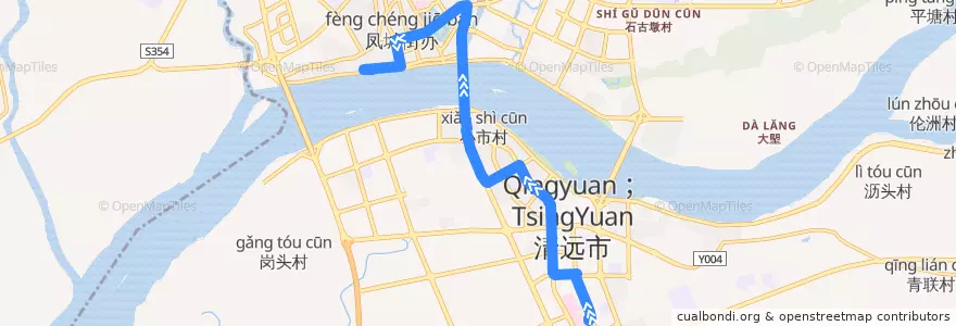 Mapa del recorrido 清远102路公交（市人民医院——下廓街） de la línea  en Qingcheng District.