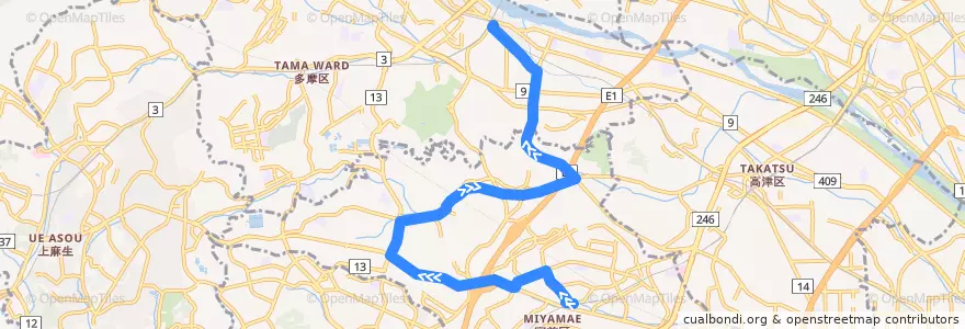 Mapa del recorrido 五所塚線　宮前平駅 => 登戸駅(生田緑地口) de la línea  en 川崎市.