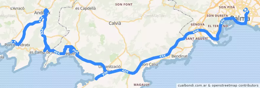 Mapa del recorrido Bus 102: Palma → Port d'Andratx de la línea  en Kepulauan Balearic.