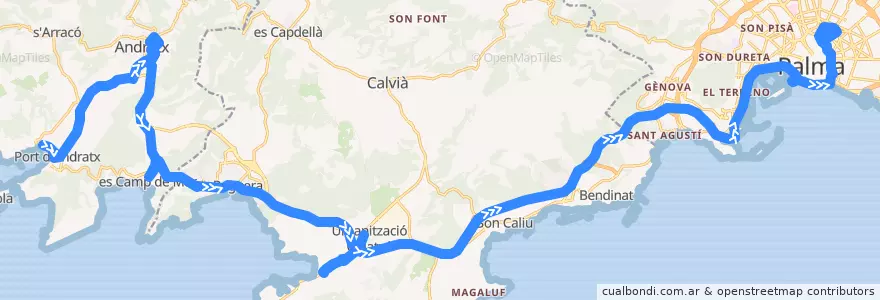 Mapa del recorrido Bus 102: Port d'Andratx → Palma (Circula per IES Calvià) de la línea  en جزر البليار.
