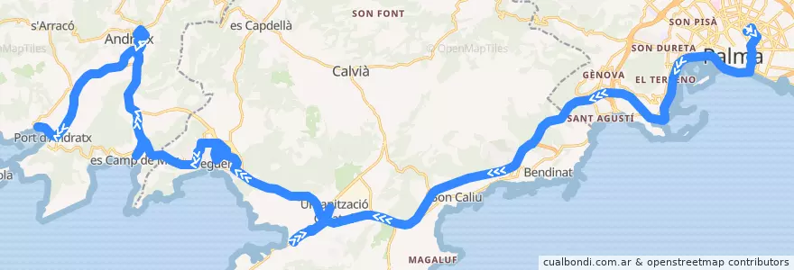 Mapa del recorrido Bus 102: Palma → Port d'Andratx (Circula per IES Calvià) de la línea  en Ilhas Baleares.