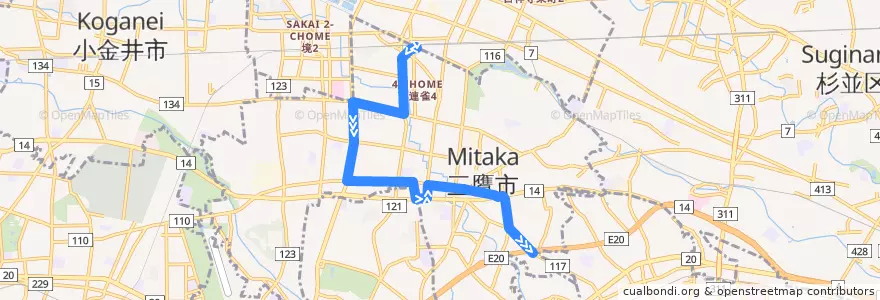 Mapa del recorrido Bus 北野ルート 三鷹駅->北野 (北野ルート) de la línea  en 三鷹市.