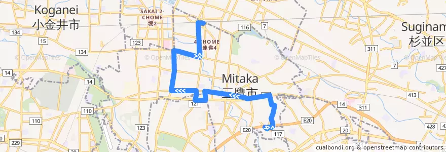 Mapa del recorrido Bus 北野ルート 北野->三鷹駅 de la línea  en Mitaka.
