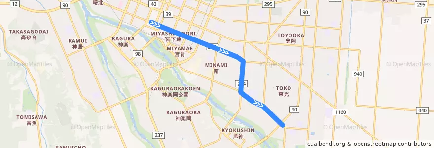 Mapa del recorrido [11]東光1丁目線 de la línea  en 旭川市.