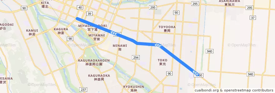 Mapa del recorrido [18]共栄・1条線 de la línea  en 旭川市.