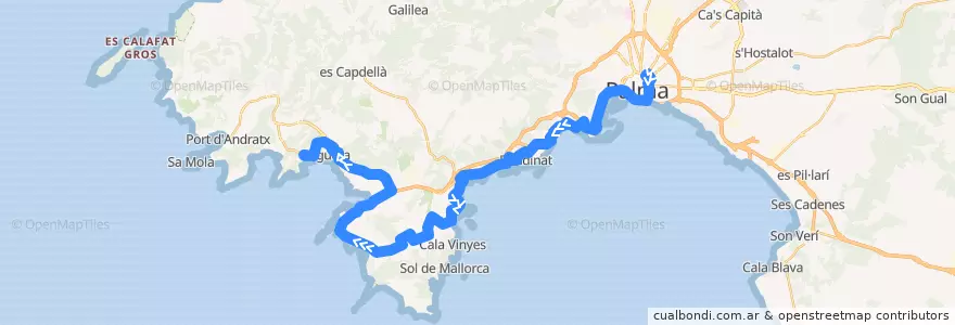 Mapa del recorrido Bus 104: Palma → Magaluf → Peguera de la línea  en Ilhas Baleares.