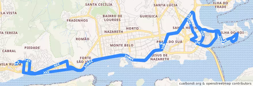Mapa del recorrido 0203 Santa Clara / Ilha do Boi via Parque Moscoso de la línea  en Vitória.