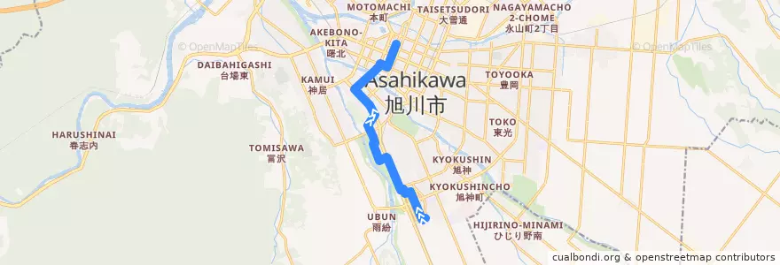 Mapa del recorrido [443]グリーンヒルズ市役所線（クリスタル橋経由） de la línea  en 旭川市.