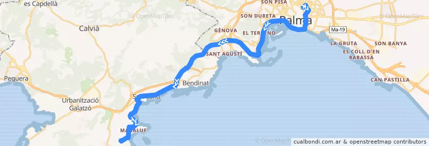 Mapa del recorrido Bus 106: Palma → Magaluf de la línea  en Illes Balears.