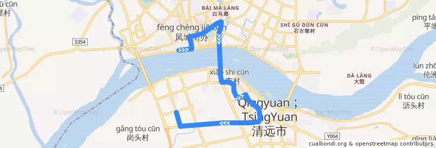 Mapa del recorrido 清远104路公交（下廓街——胜利茶博城） de la línea  en Qingcheng District.