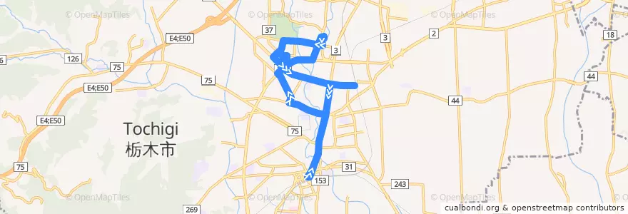 Mapa del recorrido 栃木市ふれあいバス市街地北部循環線西回り de la línea  en Tochigi.