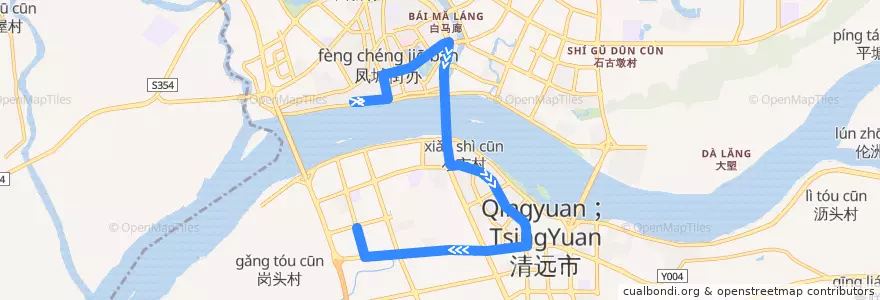 Mapa del recorrido 清远104路公交（胜利茶博城——下廓街） de la línea  en Qingcheng District.