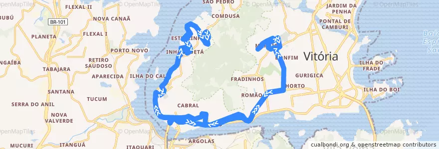 Mapa del recorrido 0181 Grande Vitória / Tabuazeiro via Bairro Universitário de la línea  en Microrregião Vitória.