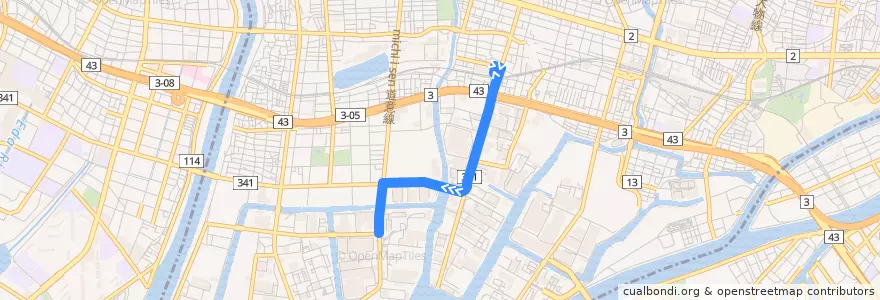 Mapa del recorrido 85：阪神出屋敷～末広町 de la línea  en 尼崎市.