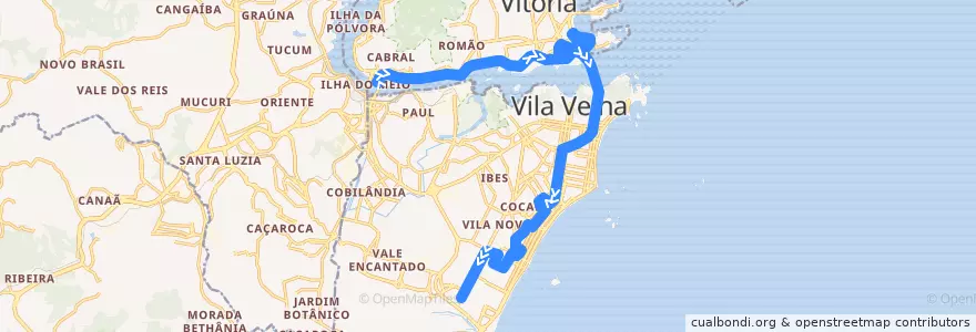 Mapa del recorrido 1608 Rodoviaria / Araça via C. Itaparica/3ª Ponte de la línea  en Microrregião Vitória.