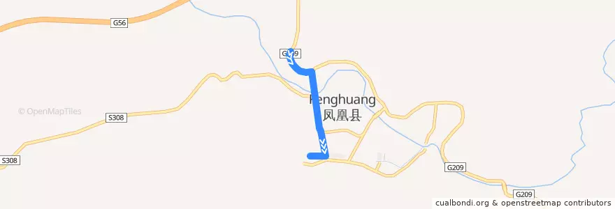 Mapa del recorrido 1A de la línea  en 凤凰县 (Fenghuang).