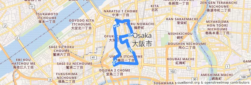 Mapa del recorrido うめぐるバス de la línea  en 北区.