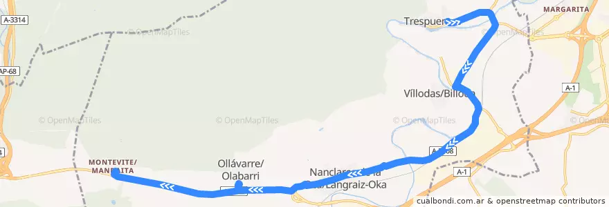 Mapa del recorrido Okabus (Trespuentes → Montevite) de la línea  en Iruña Oka/Iruña de Oca.
