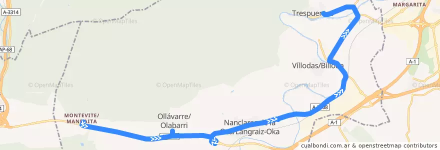 Mapa del recorrido Okabus (Montevite → Trespuentes) de la línea  en Iruña Oka/Iruña de Oca.