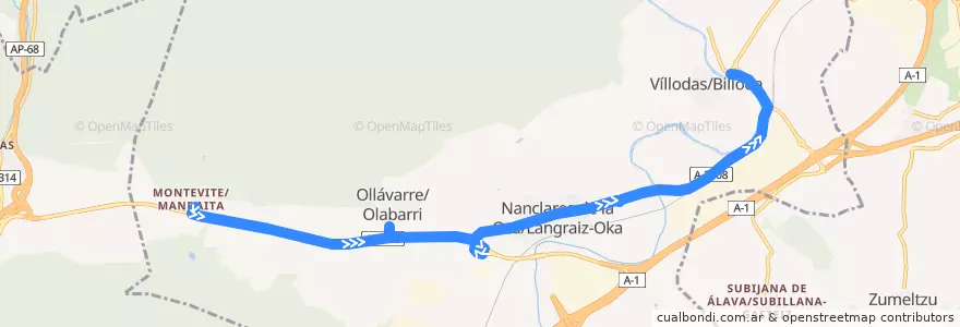 Mapa del recorrido Okabus (Montevite → Víllodas) de la línea  en Iruña Oka/Iruña de Oca.