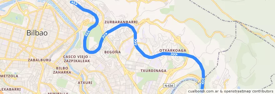 Mapa del recorrido L3 (Matiko → Kukullaga) de la línea  en Bilbao.