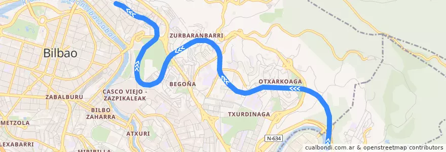 Mapa del recorrido L3 (Kukullaga → Matiko) de la línea  en Bilbao.