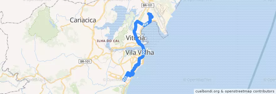 Mapa del recorrido 1610 Araças / Jardim Camburi via UFES de la línea  en Microrregião Vitória.