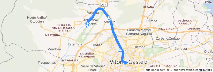 Mapa del recorrido Aeropuerto → Vitoria-Gasteiz de la línea  en Vitoria-Gasteiz.