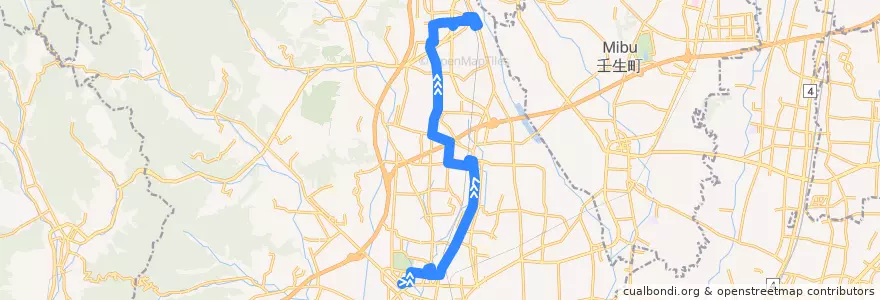 Mapa del recorrido 栃木市ふれあいバス金崎線 イオン⇒西方小学校⇒東武金崎駅 de la línea  en Tochigi.