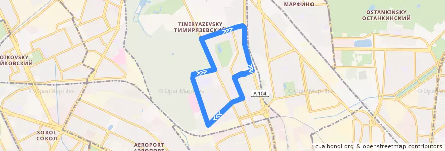 Mapa del recorrido Автобус 574: Метро «Тимирязевская» => Метро «Тимирязевская» de la línea  en Тимирязевский район.
