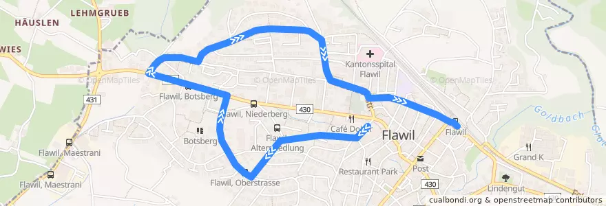 Mapa del recorrido Bus 750: Flawil, Isnyplatz => Flawil, Bahnhof de la línea  en Flawil.