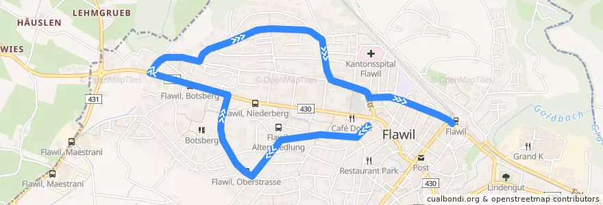 Mapa del recorrido Bus 750: Flawil, Bahnhof => Flawil, Isnyplatz de la línea  en Flawil.