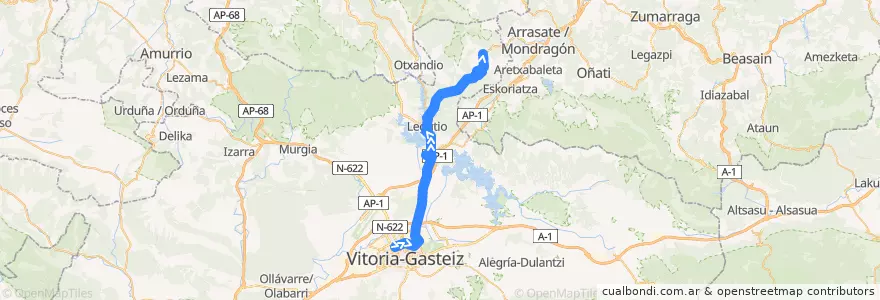 Mapa del recorrido A2 Vitoria-Gasteiz → Goiain → Aramaio de la línea  en Araba/Álava.
