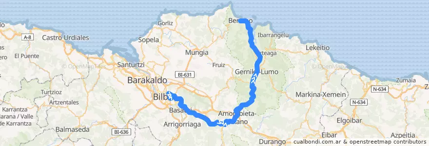 Mapa del recorrido E4 (Bilbao-Matiko → Bermeo) de la línea  en Biskaje.