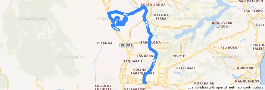Mapa del recorrido 833 Barro Branco / T. Laranjeiras via Av.Belo Horizonte/Av. Norte-Sul de la línea  en Serra.
