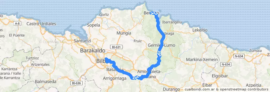 Mapa del recorrido E4 (Bermeo → Bilbao-Matiko) de la línea  en 比斯开.