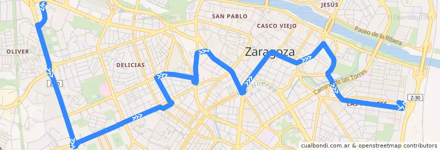 Mapa del recorrido Bus 22: Bombarda => Las Fuentes de la línea  en Zaragoza.